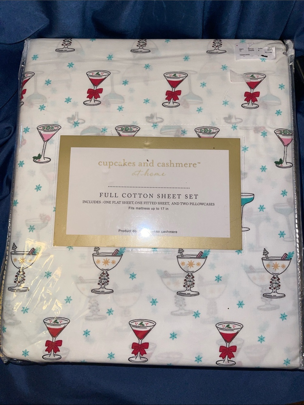 cupcakes & cashmere White Cotton Sheet Set with Festive Drinks Motif